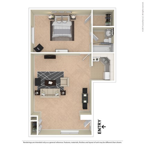 Floor plan for 1 bed, 1 bath, 700 sqft